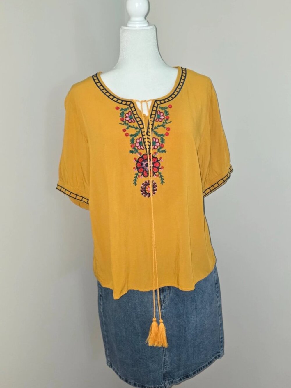 Boho embroidered floral blouse mustard yellow tassel tie short sleeve top